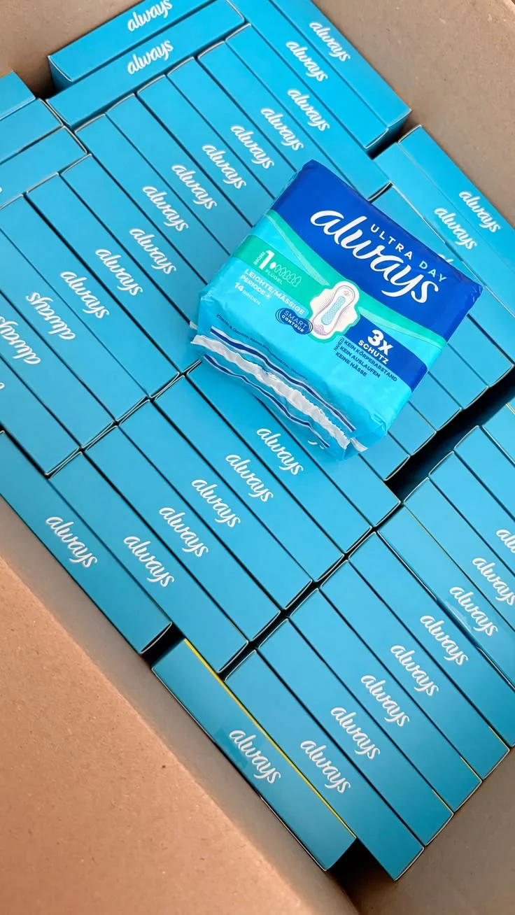 Palette de protections Always en entrepôt — export Afrique Euro Africa FMCG