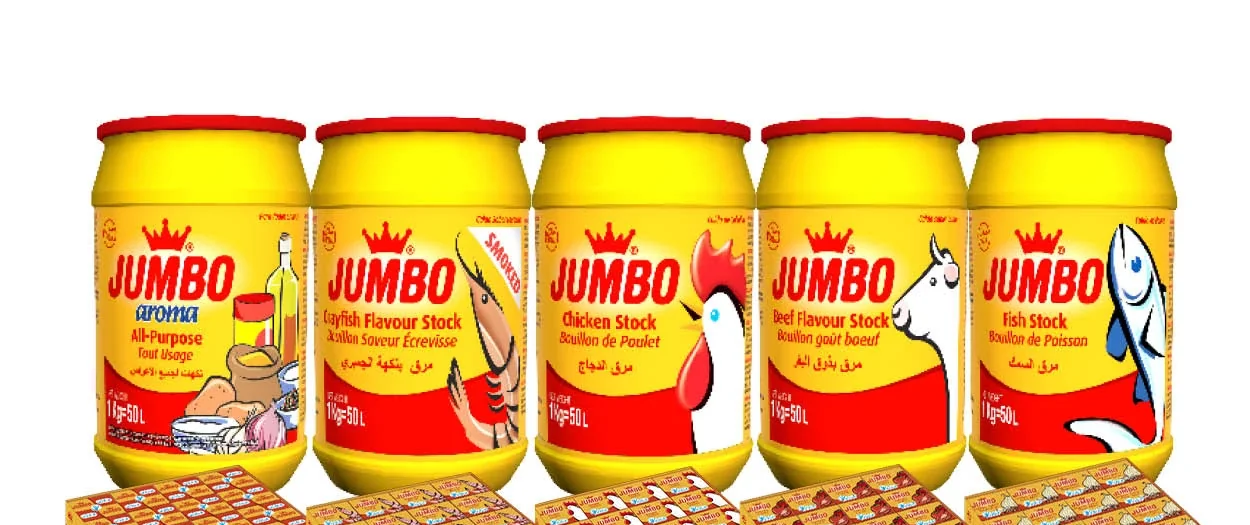 Les cinq bouillons Jumbo en pot de 1 kg — Aroma tout usage, écrevisse fumée, poulet, bœuf, poisson — grossiste Euro Africa FMCG